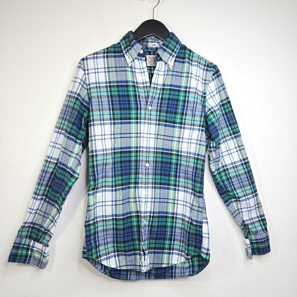 J.Crew Broken- In Oxford Slim Flannel Blue White Green Plaid Button Down Shirt